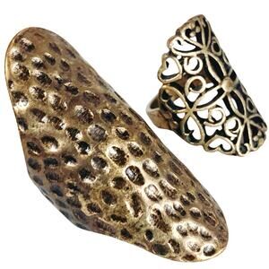 VTG Lot of 2 Rings Brass Filigree and Hammered Statement Set Adjustable Bold Y2K